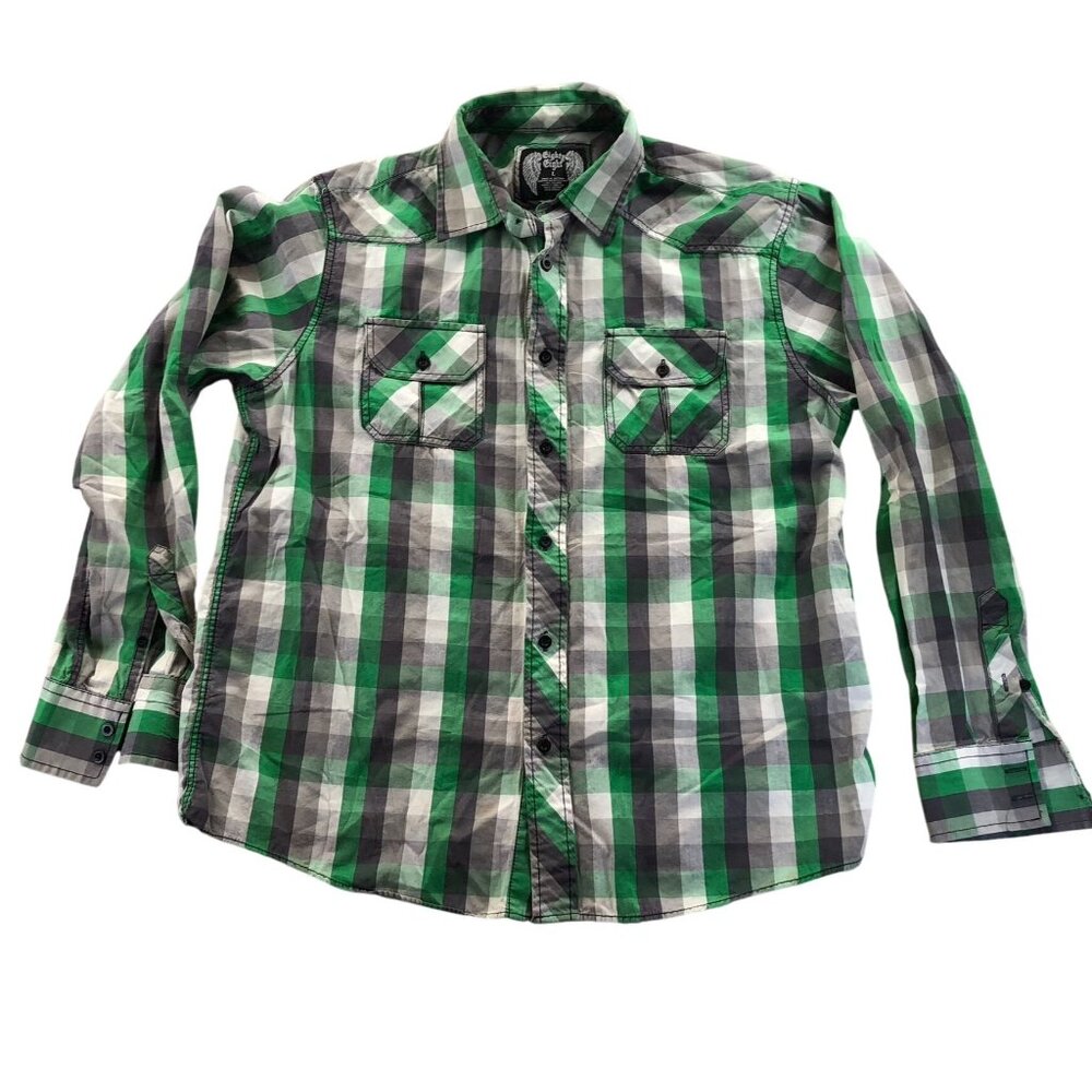 Eighty Eight Mens Shirt Large Long Sleeve Green Plaid Button-Up Casual Western